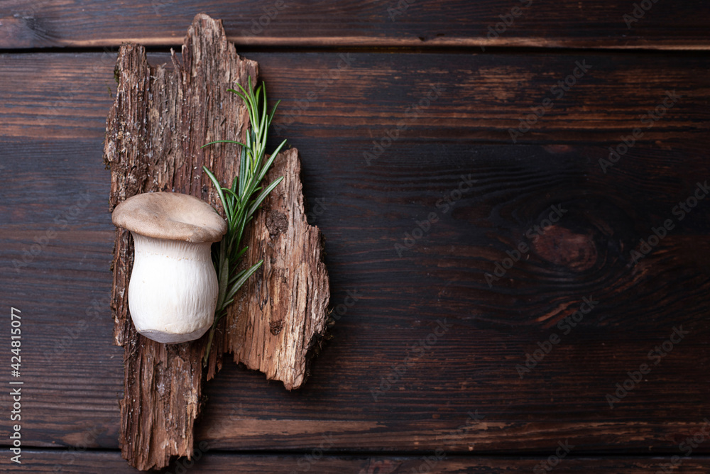 One king oyster mushroom with a sprig of rosemary on a bark on a wooden background, rustic style. One king oyster mushroom with a sprig of rosemary on a bark on a wooden background, rustic style.