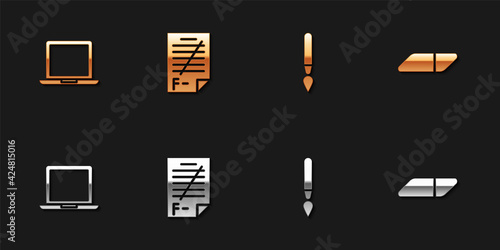 Set Laptop, Exam paper with incorrect answers, Paint brush and Eraser rubber icon. Vector