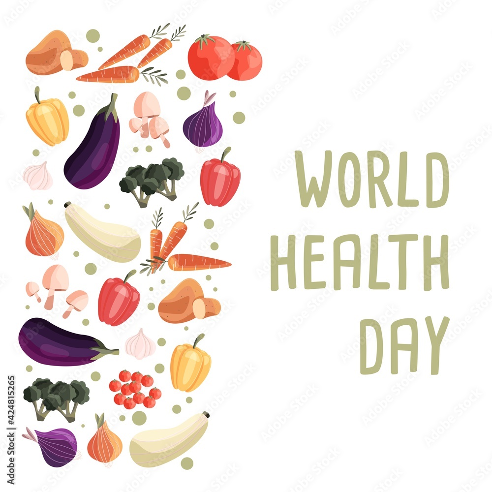 World health day square poster template with collection of fresh organic vegetables. Colorful hand drawn illustration on white background. Vegetarian and vegan food. World health day square poster template with collection of fresh organic vegetables. Colorful hand drawn illustration on white background. Vegetarian and vegan food.