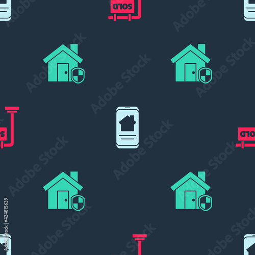 Set Hanging sign with Sold, Online real estate house and House under protection on seamless pattern. Vector