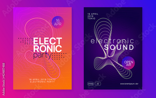 Neon trance event flyer. Techno dj party. Electro dance music. Electronic sound. Club fest poster.