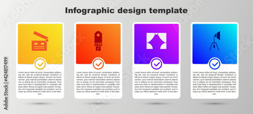 Set Movie clapper, USB flash drive, Curtain and spotlight. Business infographic template. Vector