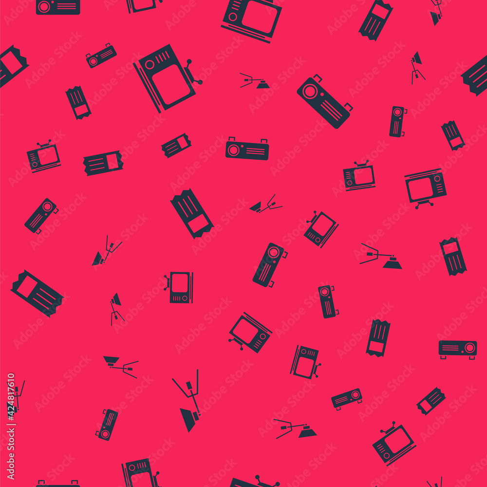 Set Movie spotlight, Retro tv, Cinema ticket and Movie, film, media projector on seamless pattern. Vector Set Movie spotlight, Retro tv, Cinema ticket and Movie, film, media projector on seamless pattern. Vector