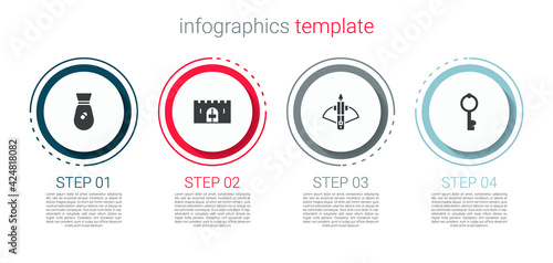 Set Old money bag, Medieval castle gate, Battle crossbow with arrow and key. Business infographic template. Vector