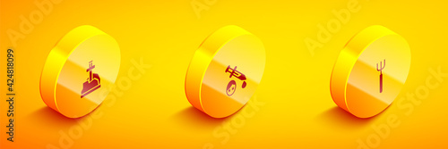 Set Isometric Sword in the stone, with blood and Garden pitchfork icon. Vector