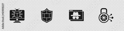 Set System bug on monitor, Shield with brick wall, Browser incognito window and Cyber security icon. Vector