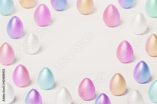 Painted colorful Easter eggs, white background, spring April holidays card, isometric 3d illustration render