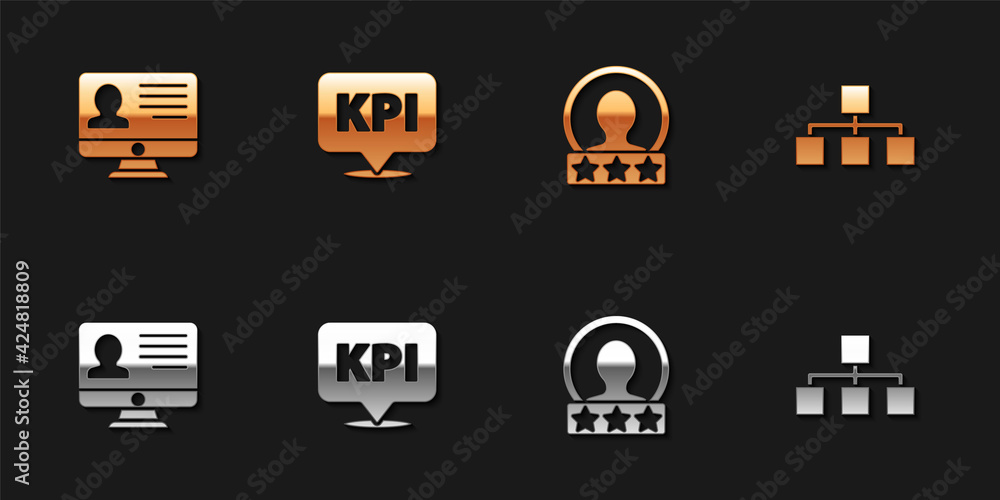 Set Monitor with resume, Key performance indicator, Create account screen and Hierarchy organogram chart icon. Vector Set Monitor with resume, Key performance indicator, Create account screen and Hierarchy organogram chart icon. Vector