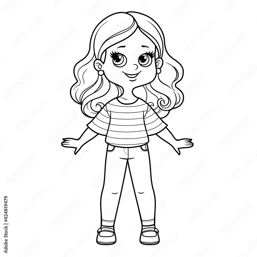 Cute cartoon girl in stripped casual blouse and narrow denim jeans outline for coloring on a white background Cute cartoon girl in stripped casual blouse and narrow denim jeans outline for coloring on a white background