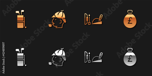 Set Golf bag with clubs, Sherlock Holmes, Robin hood hat and Money pound icon. Vector