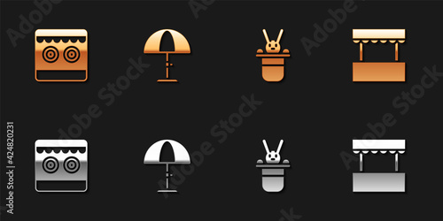 Set Shooting gallery, Sun protective umbrella, Magician hat and rabbit and Ticket box office icon. Vector