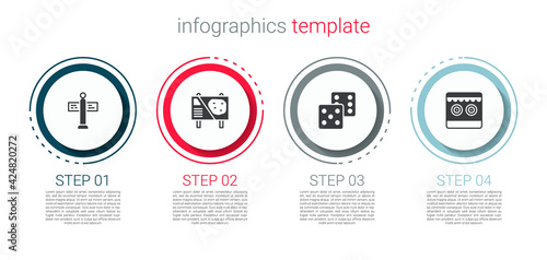 Set Road traffic signpost, Amusement park billboard, Game dice and Shooting gallery. Business infographic template. Vector