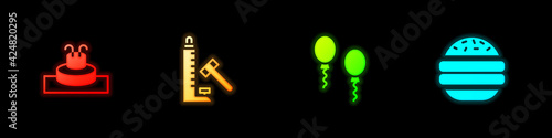 Set Fountain, Striker attraction with hammer, Balloons and Burger icon. Vector