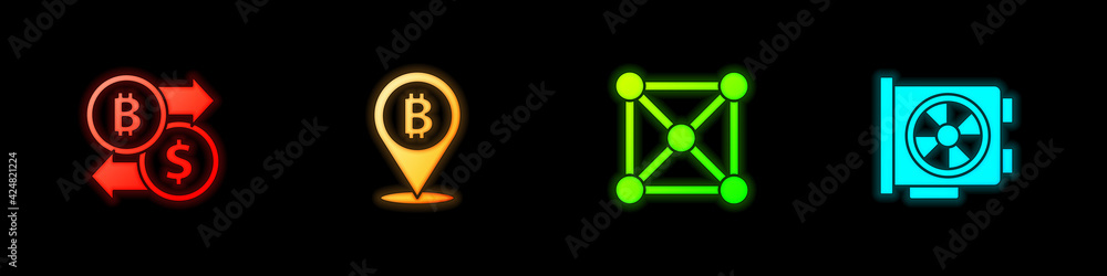 Set Cryptocurrency exchange, Bitcoin, Blockchain technology and Video graphic card icon. Vector Set Cryptocurrency exchange, Bitcoin, Blockchain technology and Video graphic card icon. Vector