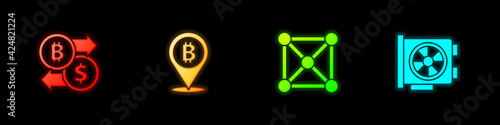 Set Cryptocurrency exchange, Bitcoin, Blockchain technology and Video graphic card icon. Vector