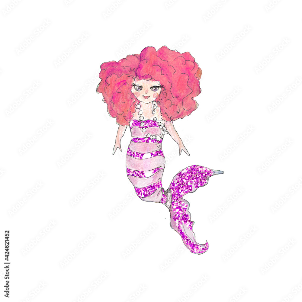 Watercolor cute mermaid with glitter gress children illustration isolated on white background Watercolor cute mermaid with glitter gress children illustration isolated on white background