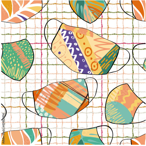 Modern pattern with masks printed with organic shapes on a checkered background and strokes. pattern for textiles and decoration