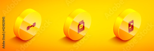Set Isometric Dumbbell, Sports nutrition and Music player icon. Vector