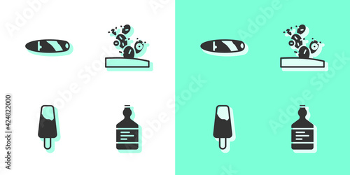 Set Tequila bottle, Cigar, Popsicle ice cream and Cactus icon. Vector