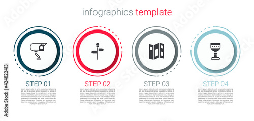 Set Security camera, Road traffic signpost, Museum guide brochure and Medieval goblet. Business infographic template. Vector