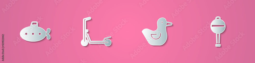 Set paper cut Submarine toy, Scooter, Rubber duck and Rattle baby icon. Paper art style. Vector Set paper cut Submarine toy, Scooter, Rubber duck and Rattle baby icon. Paper art style. Vector
