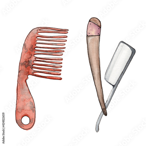 Hairdressing supplies comb and straight razor painted watercolor on a white background. Clip-art illustration.