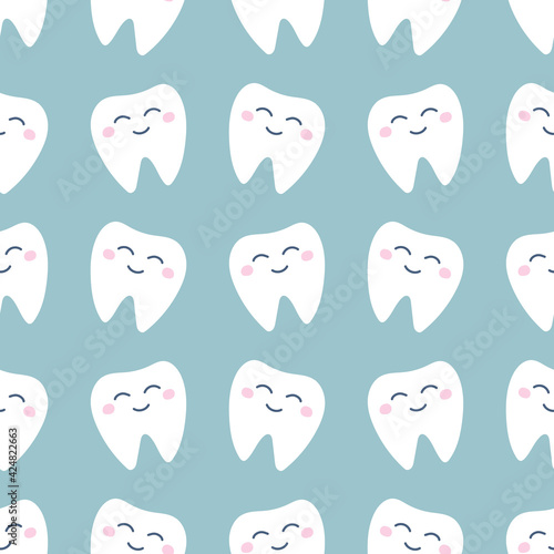 Cute white tooth with pink cheeks on a light green background. Vector seamless pattern in flat style