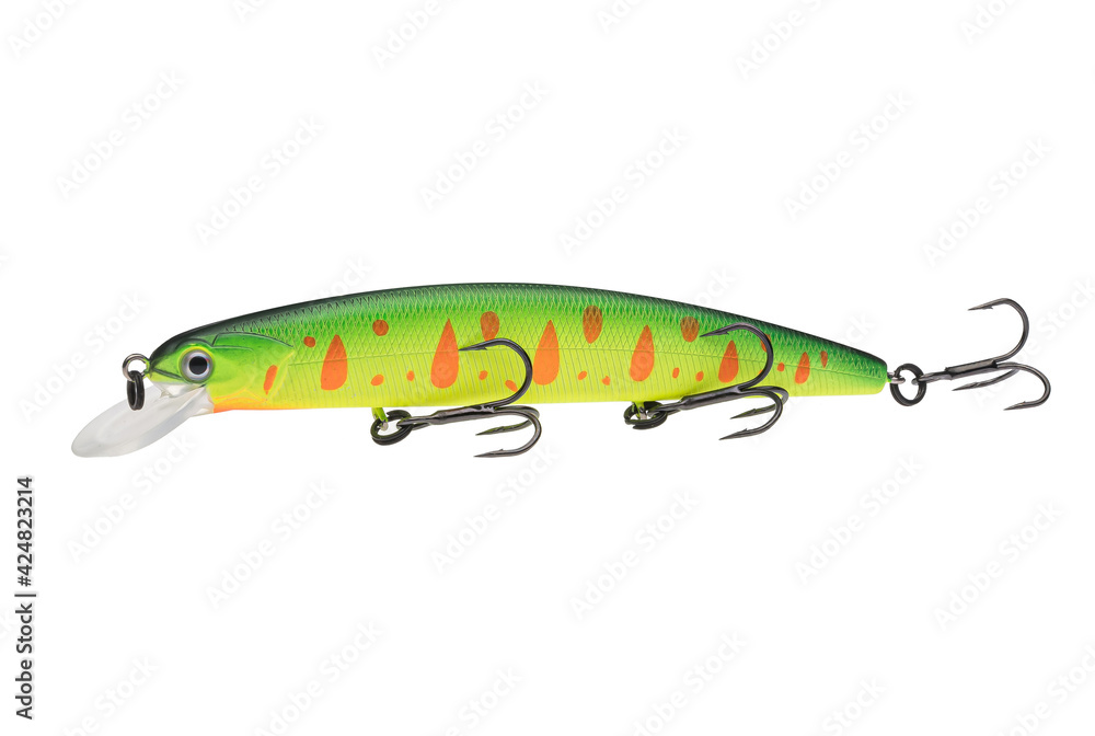 Wobbler with hooks for fishing as bait for fish, which is used for spinning. Fishing tackle for a fisherman. Wobbler with hooks for fishing as bait for fish, which is used for spinning. Fishing tackle for a fisherman.