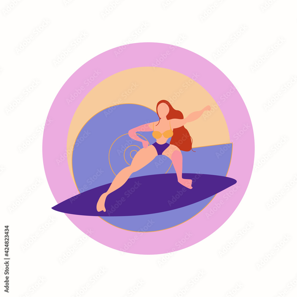 Surfer girl on wave in flat style. Cartoon multicolor character vector illustration. Surfer girl on wave in flat style. Cartoon multicolor character vector illustration.
