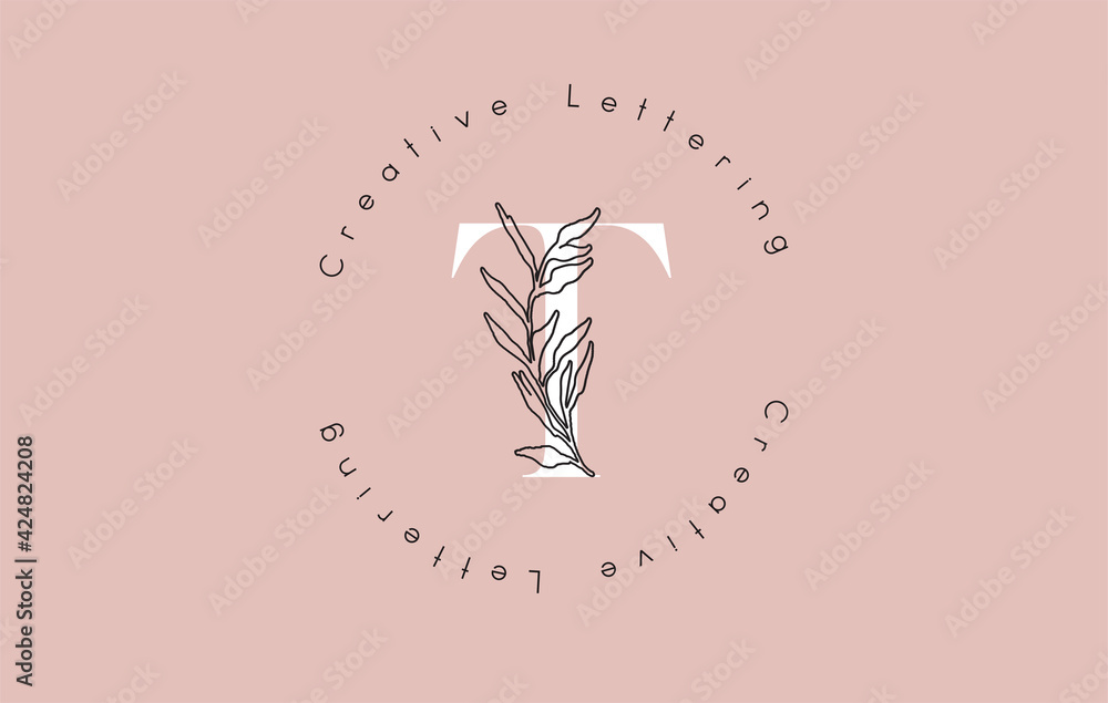 White Letter T Logo with circle lettering design and outline leaves and pastel backgound.