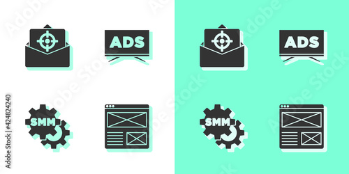 Set Browser window, Mail and e-mail, Social media marketing and Advertising icon. Vector