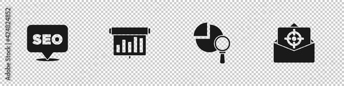 Set SEO optimization, Board with graph chart, Magnifying glass and analysis and Mail e-mail icon. Vector