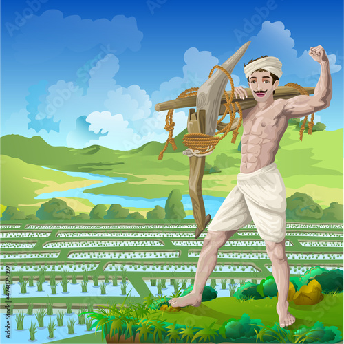 Happy Farmer standing with confident on a Paddy field Background