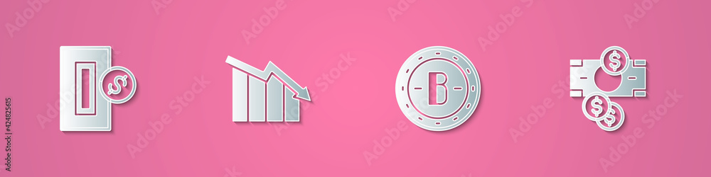 Set paper cut Inserting coin, Financial growth decrease, Bitcoin and Stacks paper money cash icon. Paper art style. Vector Set paper cut Inserting coin, Financial growth decrease, Bitcoin and Stacks paper money cash icon. Paper art style. Vector