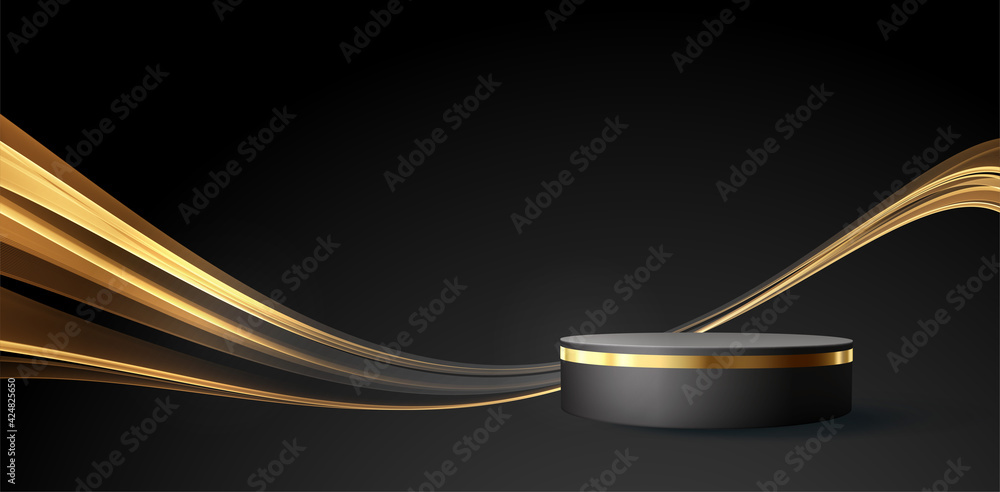 Minimal black scene with golden lines. Cylindrical gold and black ...