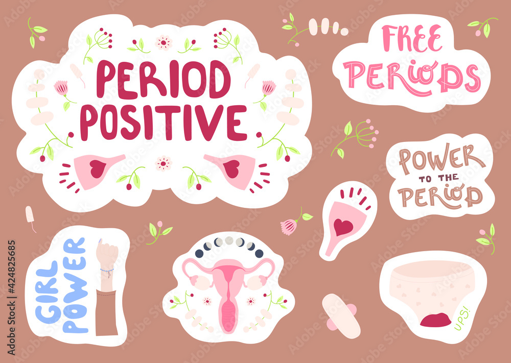 Set of funny and cute stickers about menstruation. Collection of hand drawn lettering - Period positive, Girl power, Free periods, Power to the period. With floral decoration. Calm pastel colors. A4. Set of funny and cute stickers about menstruation. Collection of hand drawn lettering - Period positive, Girl power, Free periods, Power to the period. With floral decoration. Calm pastel colors. A4.