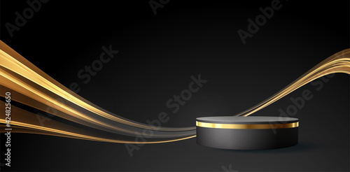 Minimal black scene with golden lines. Cylindrical gold and black podium on a black background. 3D stage for displaying a cosmetic product