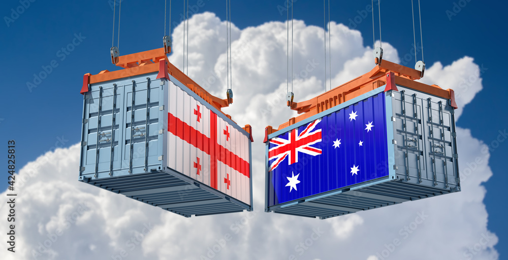 Freight containers with Australia and Georgia flag. 3D Rendering 