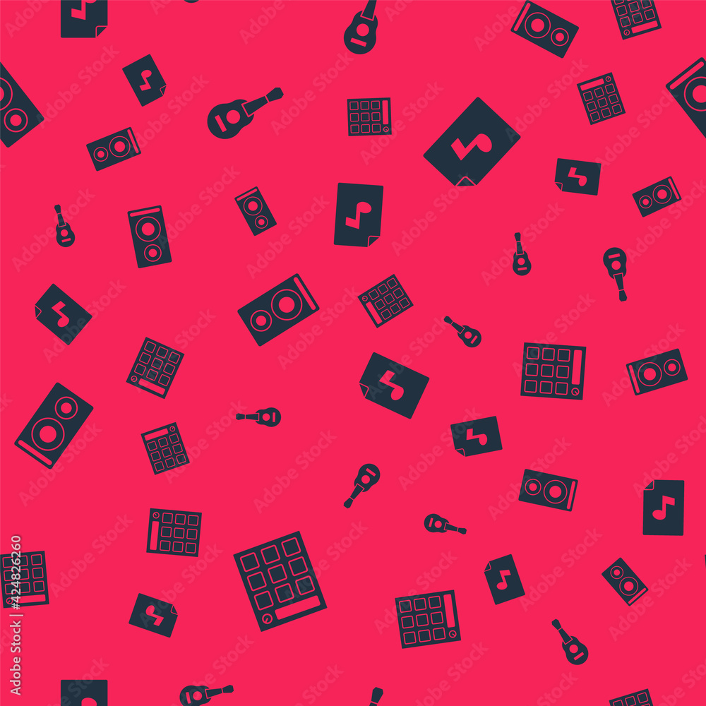 Set Drum machine, Guitar, Stereo speaker and Music book with note on seamless pattern. Vector Set Drum machine, Guitar, Stereo speaker and Music book with note on seamless pattern. Vector