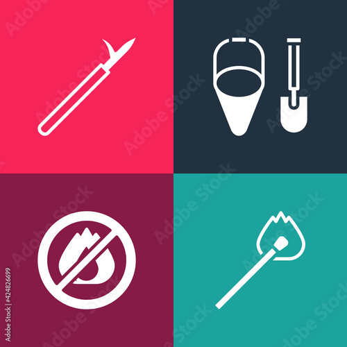 Set pop art Burning match with fire, No, Fire shovel and bucket and Metal pike pole icon. Vector
