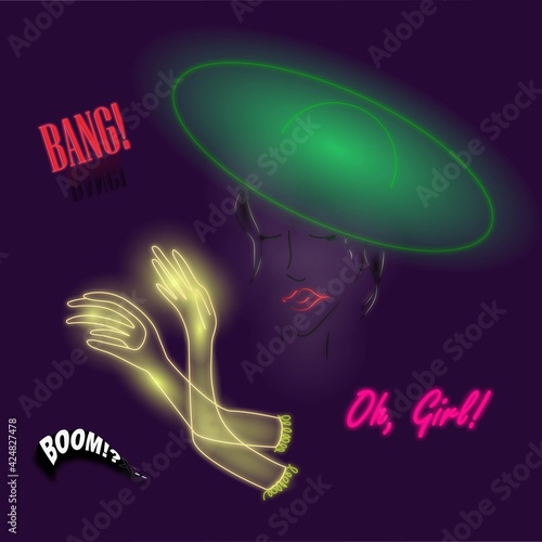 Girl in neon lights. Pretty neon lady. Get ready for party tonight!