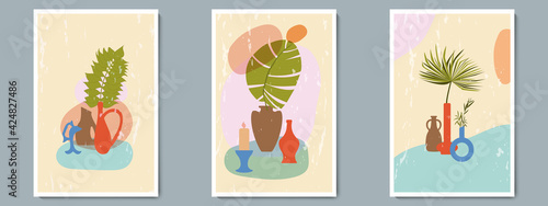Hand Draw Pottery Vase Set with Tropical Plants and Abstract Shape. Trendy Collage for Decoration at Grunge Background