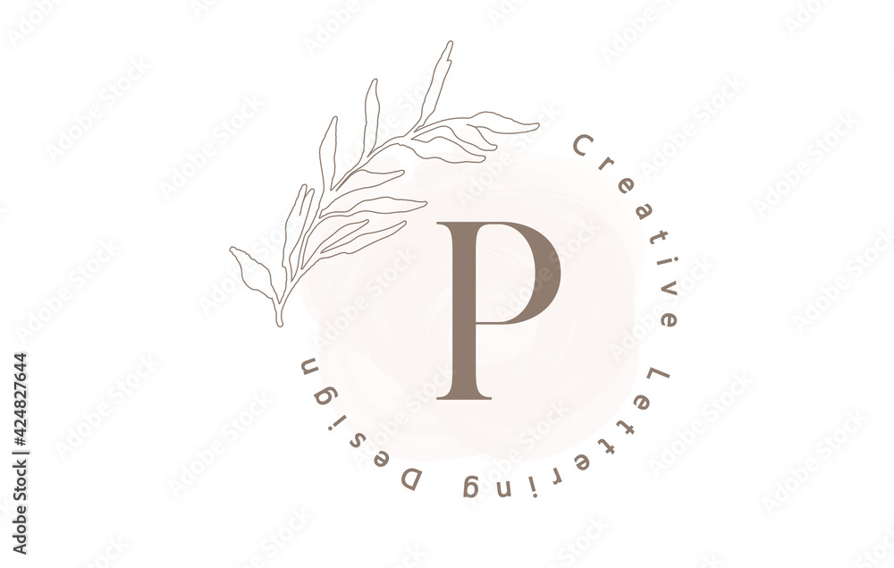 Letter P Logo With Watercolor brush and circle lettering design and outline leaves in Pastel Colors. Creative vector illustration with letter P. Letter P Logo With Watercolor brush and circle lettering design and outline leaves in Pastel Colors. Creative vector illustration with letter P.