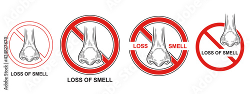 Loss sense of smell icon set. No ability feeling scent, runny nose. Anosmia, corona virus or flu respiratory disease symptom. Difficulty nasal smelling of aroma. Warning sign. Outline vector