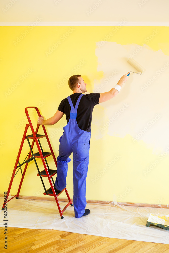 Male specialist paints the wall with paint indoors, repair concept