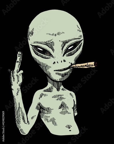 Alien character smoking and showing a finger half smiling. Isolated UFO character with complicated emotions on their face.