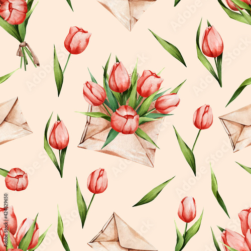 Watercolor pattern with flowers in an envelope. Red tulips on a beige background. Suitable for textiles  gifts  paper  etc