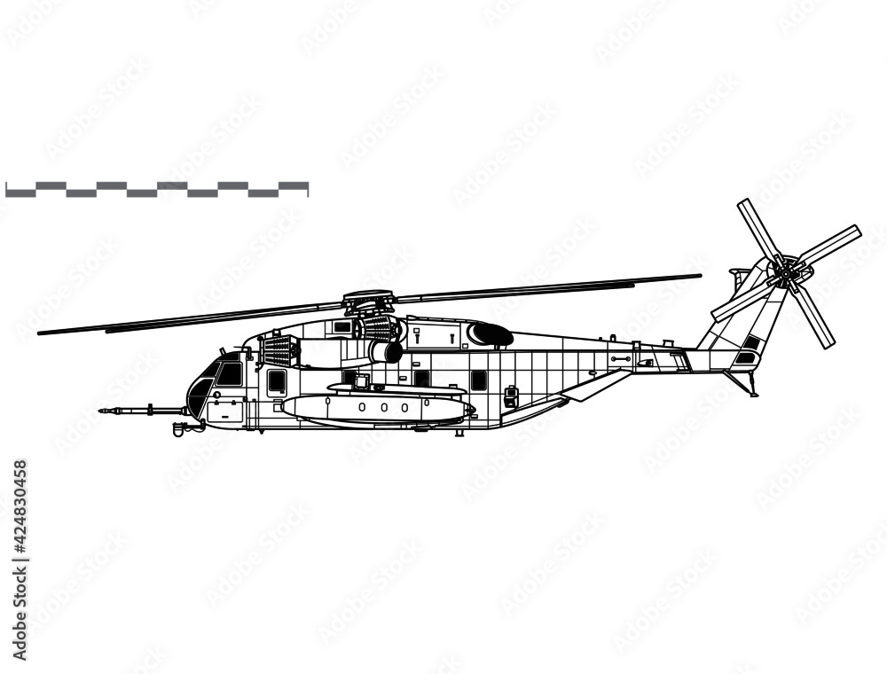 Sikorsky CH-53E Super Stallion. Vector drawing of heavy-lift helicopter. Side view. Image for illustration and infographics. Sikorsky CH-53E Super Stallion. Vector drawing of heavy-lift helicopter. Side view. Image for illustration and infographics.