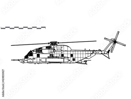 Sikorsky MH-53J Pave Low III. Vector drawing of special operations helicopter. Side view. Image for illustration and infographics.