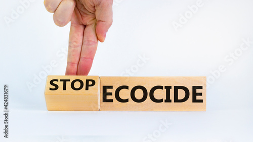 Stop ecocide symbol. Businessman turns a cube and changes words ecocide to stop ecocide. Beautiful white background, copy space. Business, ecological and stop ecocide concept.